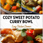 A bowl of Sweet Potato Chicken Curry with tender chicken thighs, sweet potatoes, and veggies in a rich golden sauce.